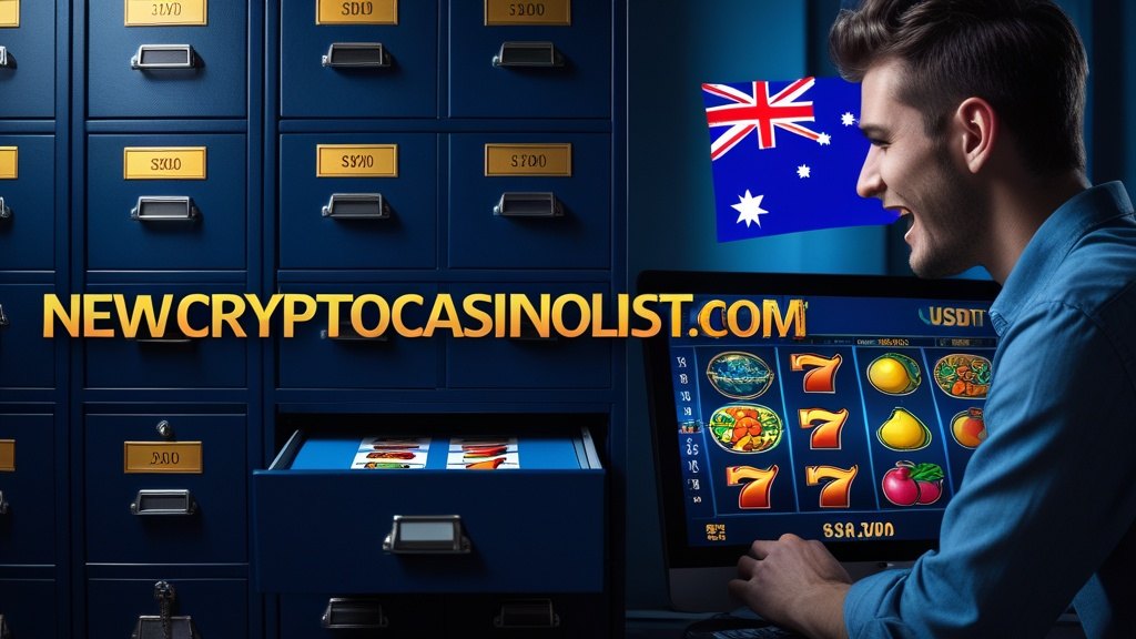 A young man playing a classic online slot on a desktop computer and winning in USDT, with an Australian flag behind him.
