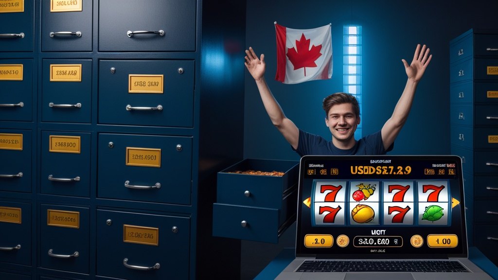 A young man playing a classic online slot on a laptop and winning in USDT, with a Canadian flag behind him.