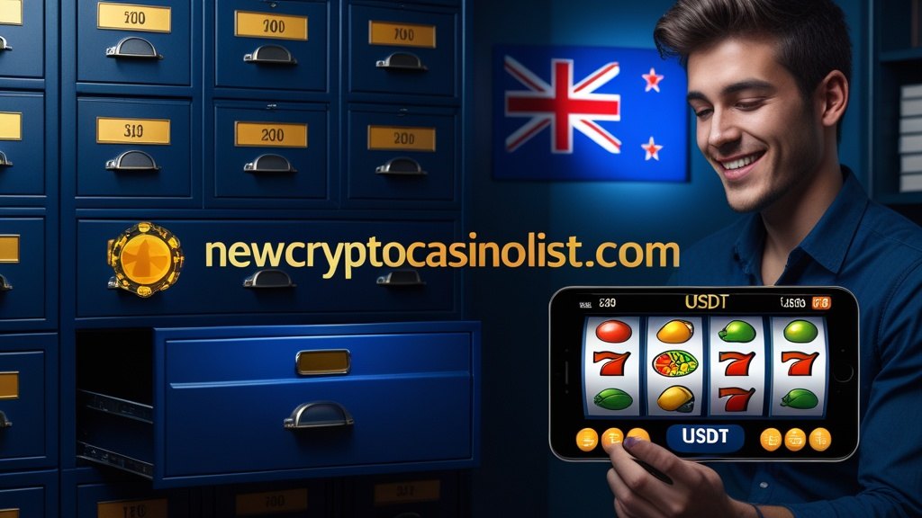 A young man playing a classic online slot on a smartphone and winning in USDT, with a New Zealand flag behind him.