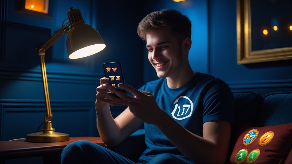Ein junger Mann auf einem Sofa spielt am Telefon einen klassischen Online-Slot und gewinnt in USDT.
