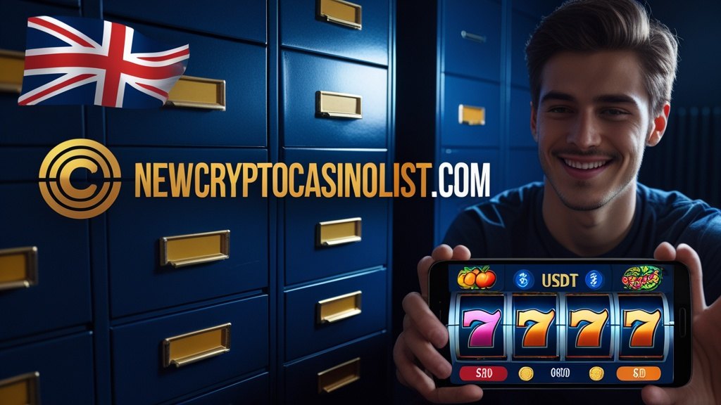 A young man holding a phone with a classic online slot on the screen and a USDT balance, with a British flag behind him.
