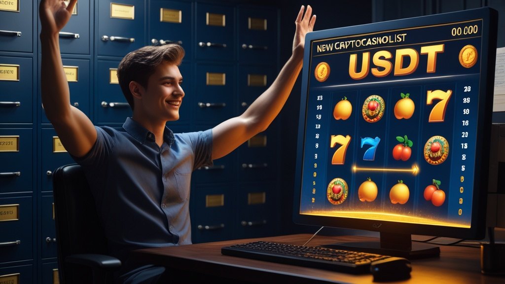 Ein klassischer Online-Slot auf einem Desktop-Bildschirm: drei Walzen mit Früchten und Siebenen, eine Gewinnlinie leuchtet, das USDT-Guthaben steigt.