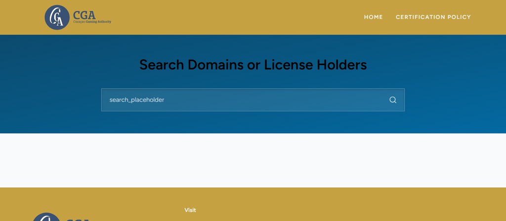 The Curacao Gaming Authority certificate portal, where a licence number or a domain is searched against the regulator's own records.