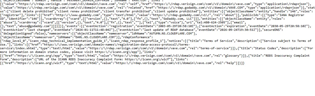 A raw RDAP response for a casino domain, with the registration and expiry events.